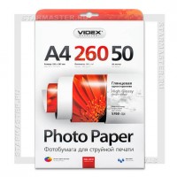 Бумага для струйной печати Videx A4 глянцевая односторонняя 260 г/м2, 50л