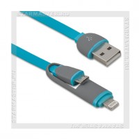 Кабель USB 2.0 -- 2в1 micro USB+Apple 8-pin, 1м DEFENDER, плоский, синий