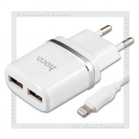 Зарядное устройство 220V -> USBx2, 2.4A HOCO C12 + кабель 8-pin, белый