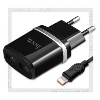 Зарядное устройство 220V -> USBx2, 2.4A HOCO C12 + кабель 8-pin, черный