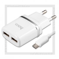 Зарядное устройство 220V -> USBx2, 2.4A HOCO C12 + кабель microUSB, белый