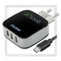 Зарядное устройство 220V -> USBx3, Quick Charge 3.0 3A SmartBuy BLAST+кабель microUSB,черный