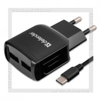 Зарядное устройство 220V -> USBx2, 2A DEFENDER UPC-23 + кабель Type-C, черный